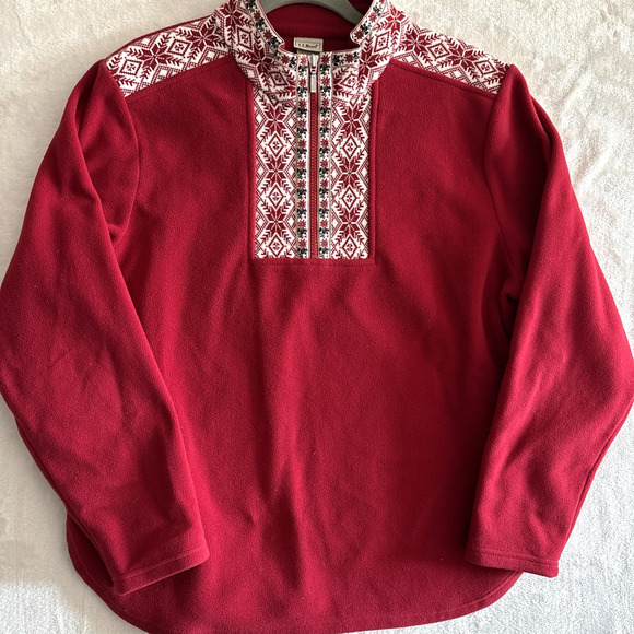 Vtg LL Bean Sweater Womens Large Red 1/4 Zip Nordic Fair Isle Fleece Cabincore - Picture 1 of 9